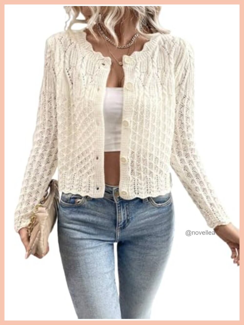 Hollow Out Knit Cardigan Sweater Scalloped Cropped Button Front Fall Top
